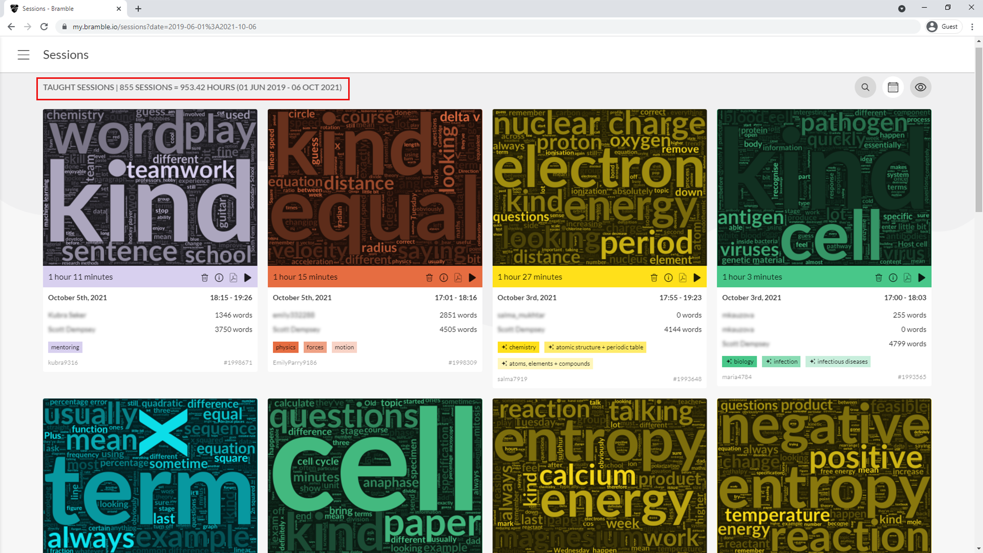 image showing Scott's session library of almost 1,000 hours of online tutoring.